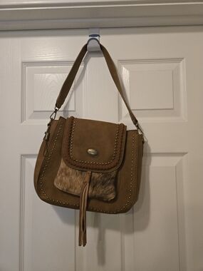 Chestnut Suede Shoulder Bag with Braided Trim and Tassel Accent